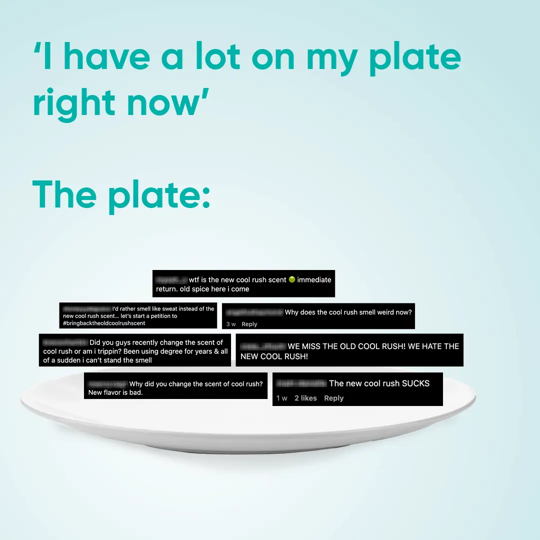 A white plate filled with text comments complaining about the change in scent of a product called Cool Rush, illustrating the phrase I have a lot on my plate right now.